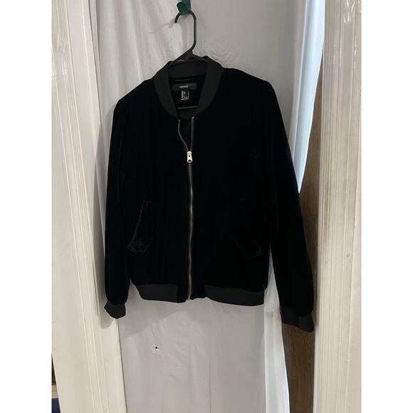 Forever 21 Black Velvet Full Zip Bomber Jacket Sz L - Picture 1 of 6